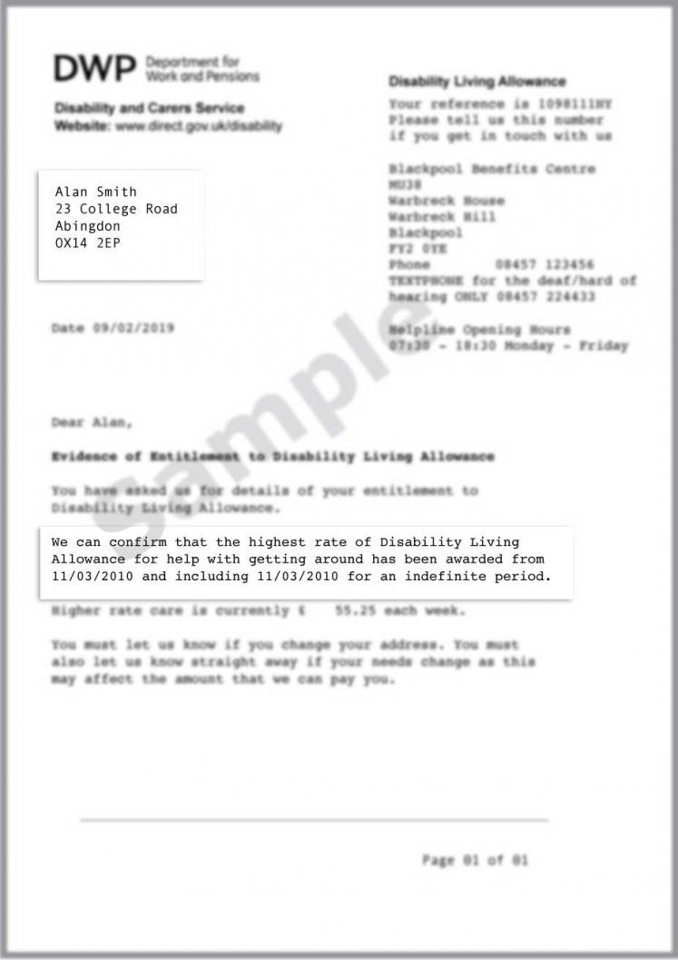 Sample of a Disability Living Allowance letter (DLA)