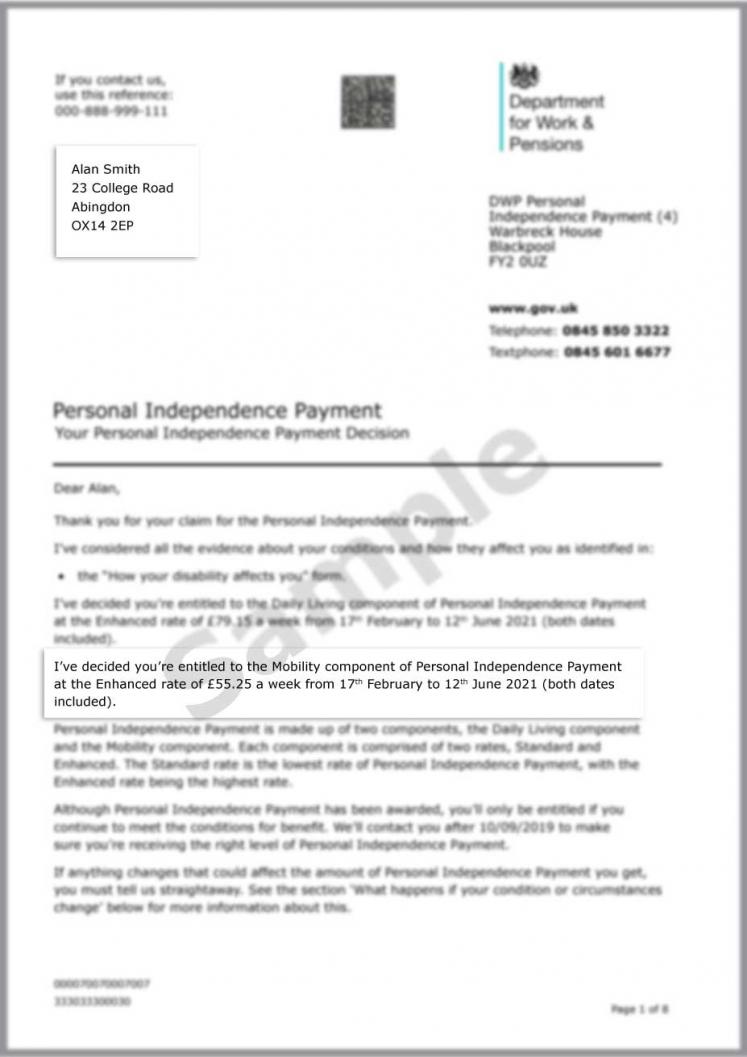 Sample of a Personal Independence Payment letter (PIP)