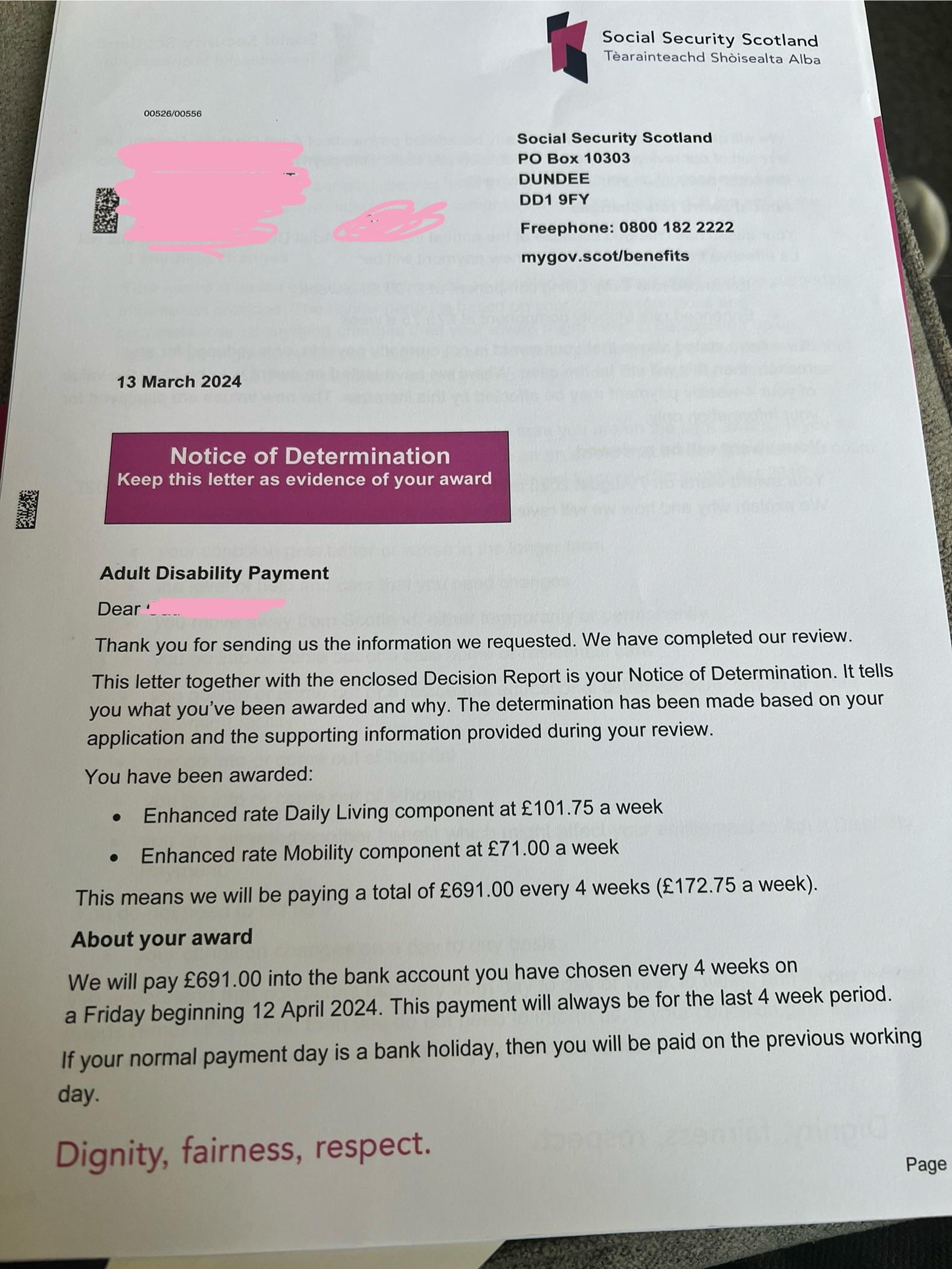 Sample of a Scottish Adult Disability Payment Letter