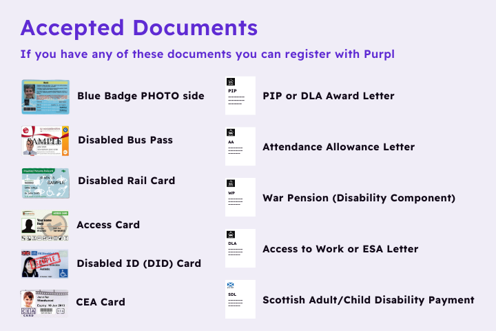 A Purpl infographic titled "We accept these documents" shows various types of identification documents including photo side of blue badge, disabled bus pass, disabled rail card, Access card, Disabled ID (DID) Card, CEA card, PIP letter with NI reference, DLA letter, Attendance Allowance, Scottish Disability Living Payment, War Pension Disability Letter, Access to Work Award and ESA. 