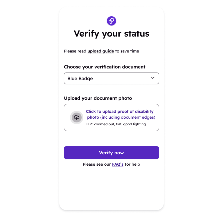 A screenshot of a Purpl Disabled Discounts verification page. The page asks to choose a verification document via a dropdown menu, selected as "Blue Badge". Below, there's an upload button for a proof of disability photo. At the bottom, there's a purple "Verify now" button and a link to FAQs.