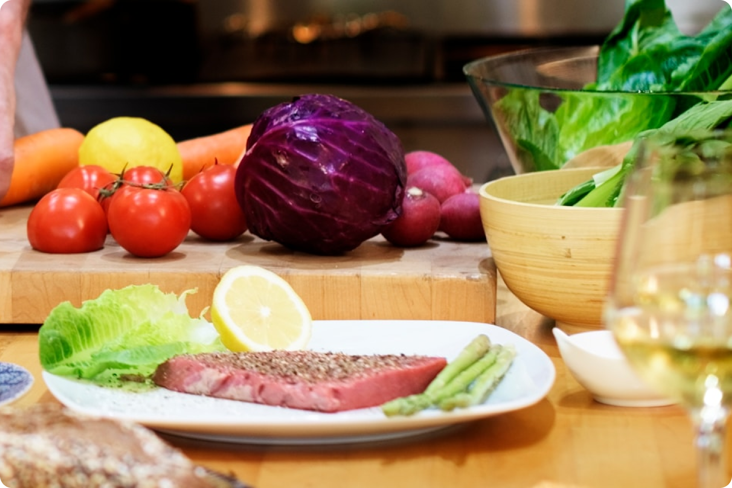 selection of healthy food including tomatoes and red cabbage