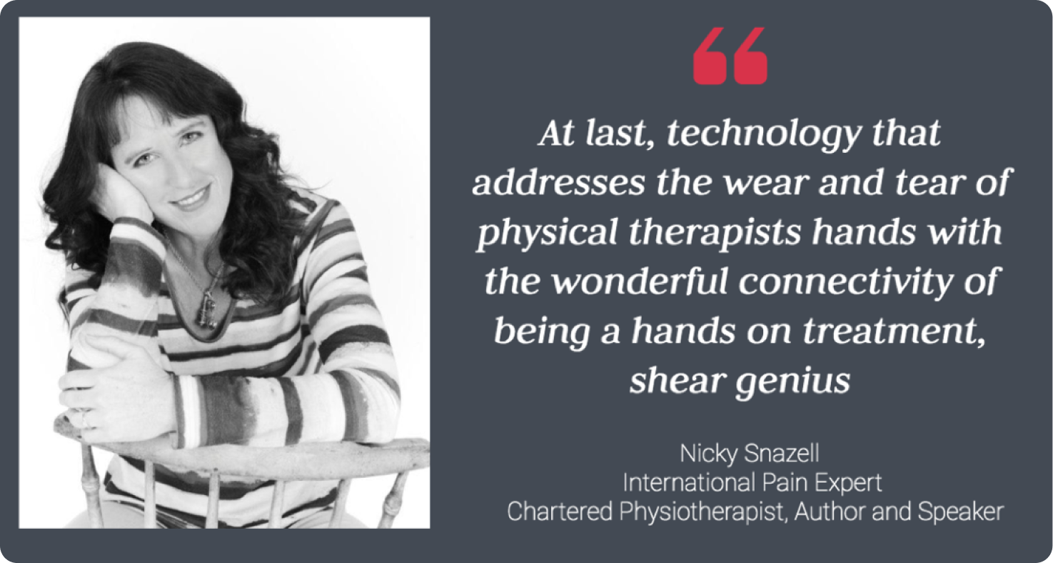 A grayscale image features a person with long hair wearing a striped sweater, sitting sideways on a wooden chair, smiling at the camera. Text beside the person reads a quote by Nicky Snazell, discussing technological advancements in physical therapy.