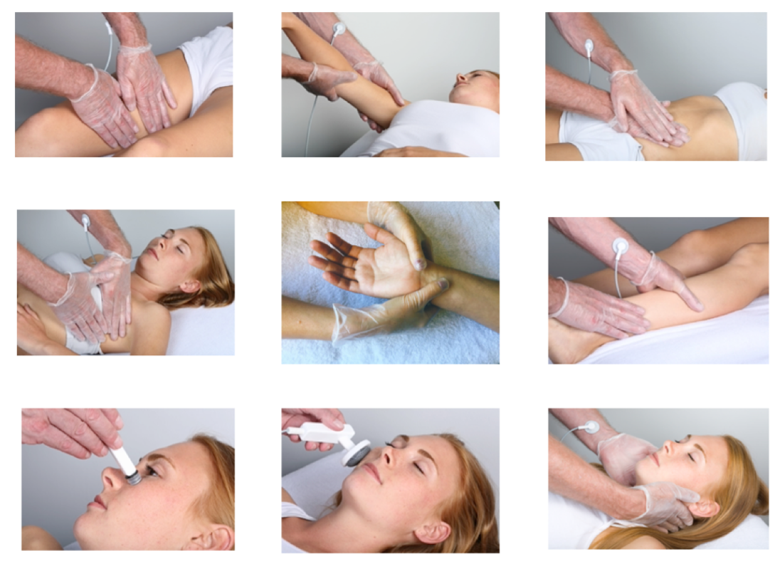 A collage of nine images shows a person receiving various medical treatments. A healthcare provider, wearing gloves, performs procedures including leg massages, arm manipulations, and uses a small device near the person's nose and forehead.