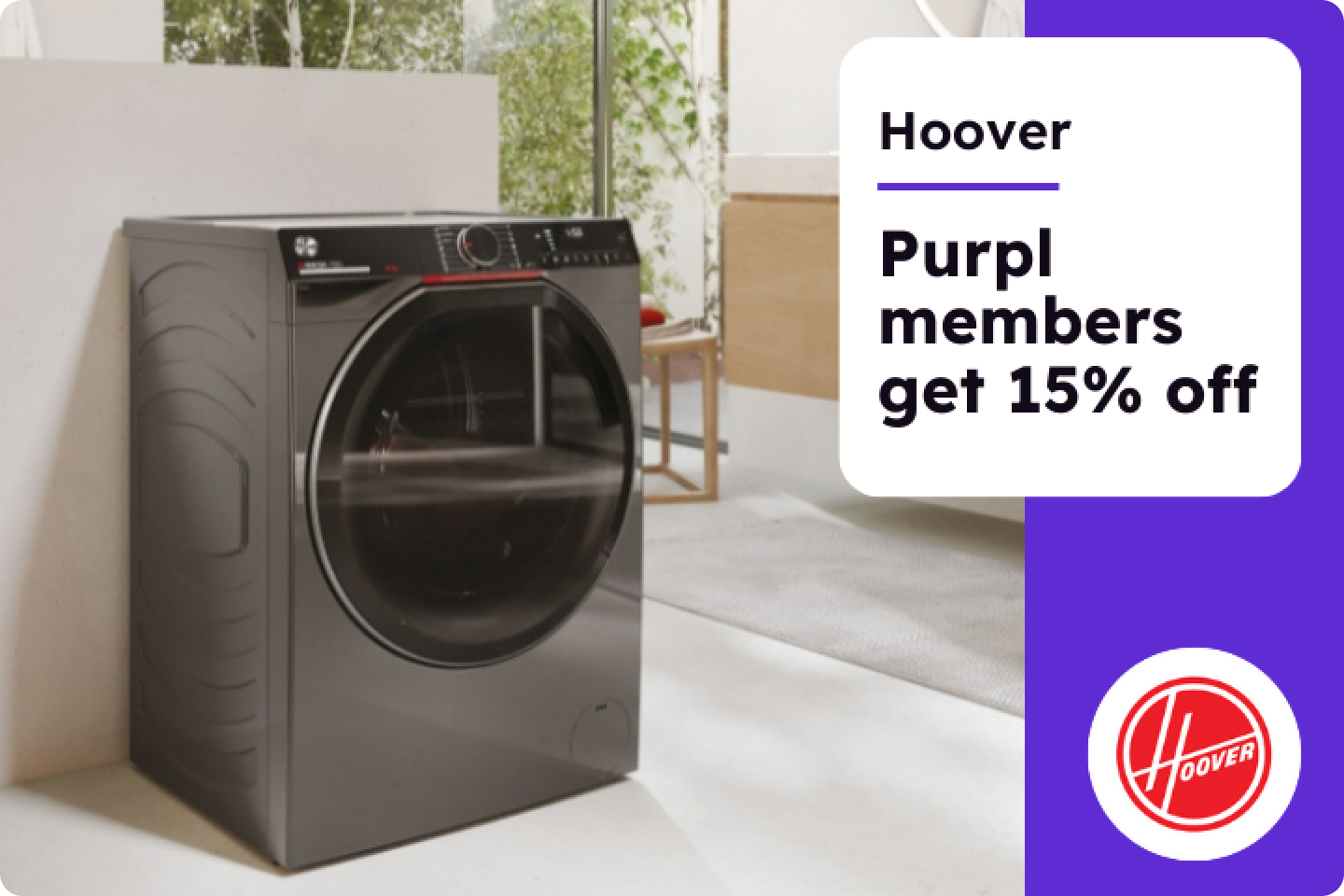 Hoover - Purpl members get 15% off with a photo of a washing machine and the Hoover logo