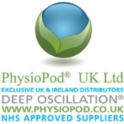 The image shows the logo for PhysioPod UK Ltd, featuring a sphere with green and blue colors and leaf patterns. Below, text reads: "Exclusive UK & Ireland Distributors Deep Oscillation www.physiopod.co.uk NHS approved suppliers