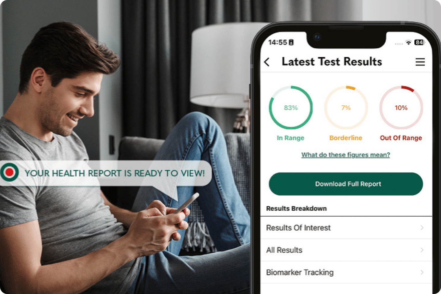 A smiling man with dark hair holds a smartphone and is looking down at the screen. A graphics overlay reads, "Your Health Report is ready to view!" His smartphone screen displays an app showing "Latest Test Results" with percentages in green, yellow, and red zones.