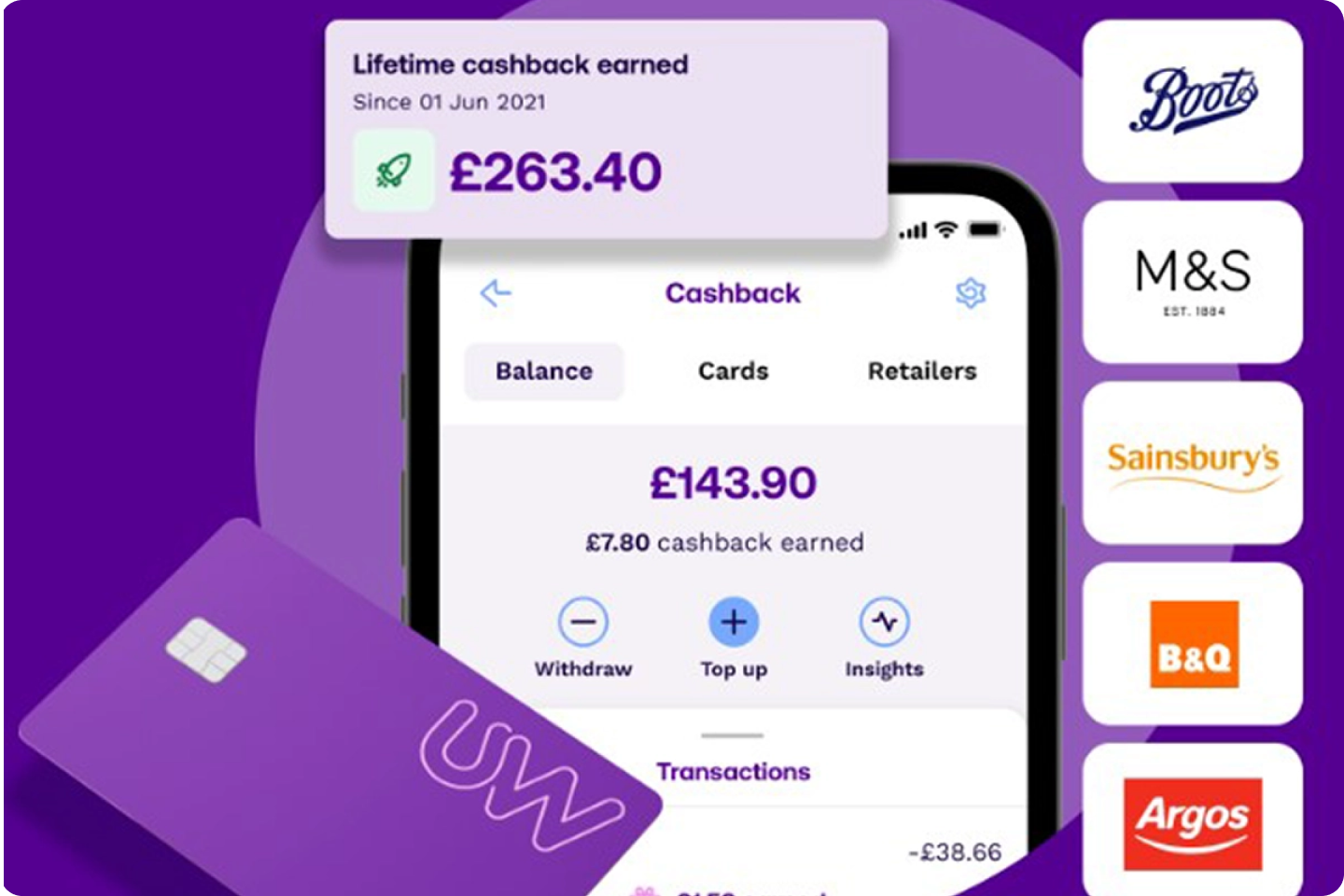 cashback earned (£143.90) and lifetime cashback (£263.40) since June 2021. Icons of popular retailers like Boots, M&S, Sainsbury's, B&Q, and Argos are displayed. A purple credit card is also featured.