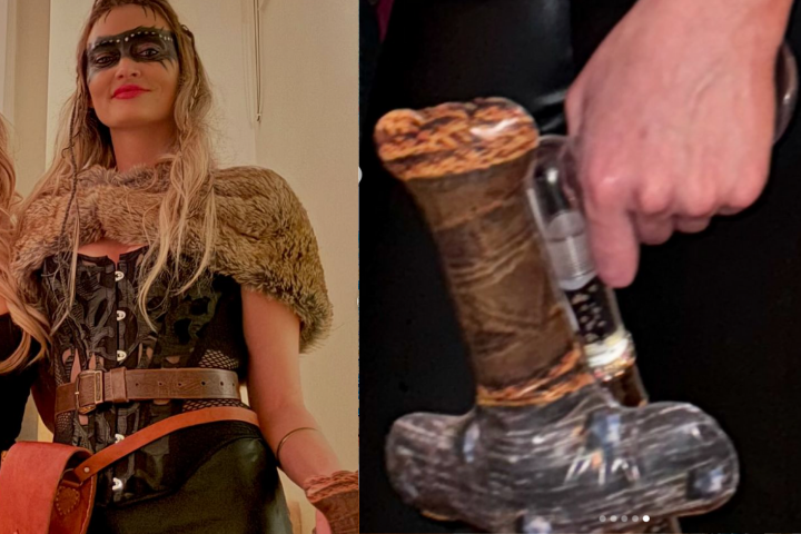 A split image, one half is Lizzie, a blonde woman dressed like a viking warrior, she is holding a walking stick that has been made to look like a sword, the right side is a close up of the sword/walking stick