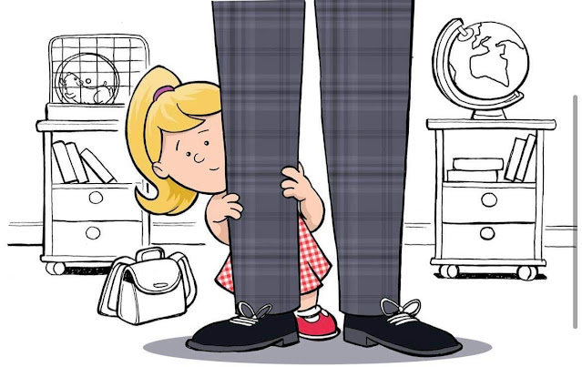 Drawn image from the book 'Mummy, there's a new girl' by Danielle Webb, it shows a pair of adult legs in grey trousers and black shoes and a small blonde girl hiding behind the legs, in the background there is a black and white drawing of some small cabinets with books and a globe in there and a gerbil in a wheel to look like a classroom