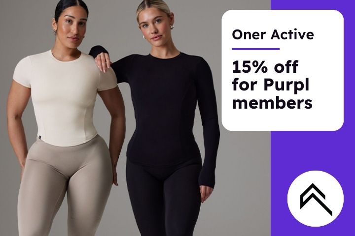 Two women one with dark hair, one blonde in activewear, a long sleeved black top and leggings and a beige short sleeve top and leggings, text against a purple backdrop says oner active 15% off for Purpl members