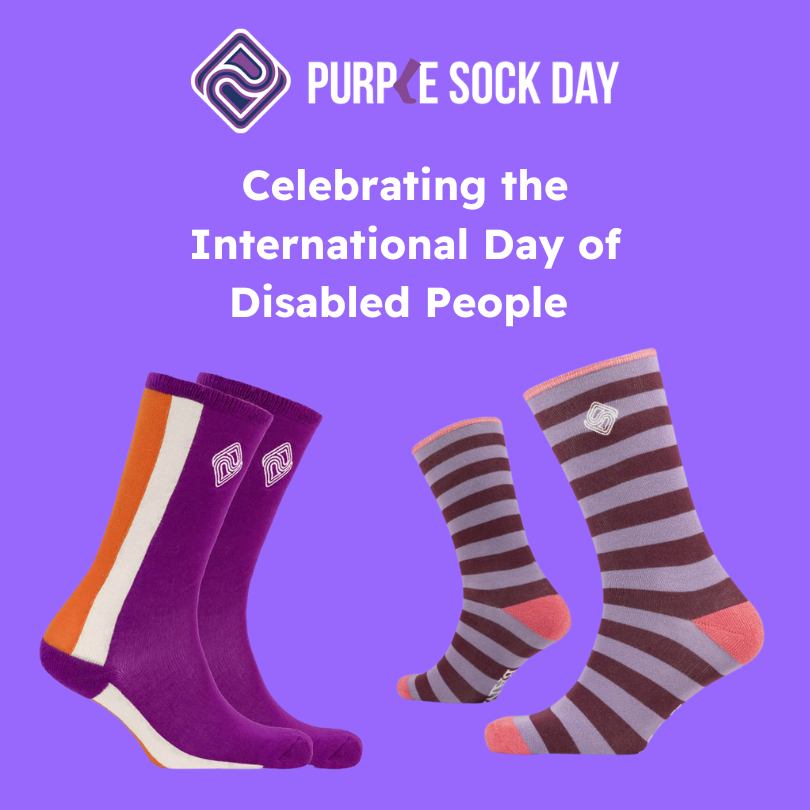 Image showcasing colourful socks for Purple Sock Day, promoting awareness for the International Day of Disabled People.