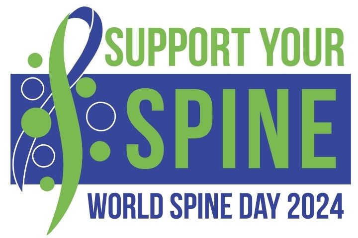 White background with blue rectangle and a green and blue ribbon and the words support your spine, world spine day 2024