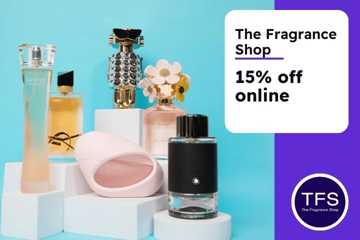 Group of perfumes against a blue and purple background with the words The Fragrance shop 15% off online and a TFS logo