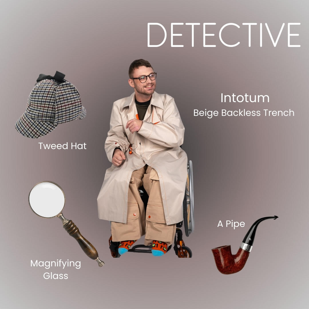 A man sits in a wheelchair wearing a beige Mac surrounded by the accessories to create an accessible halloween costume for a wheelchair user of a detective