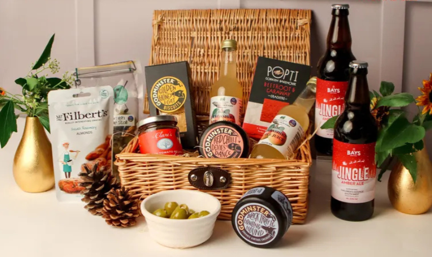 A Devon hamper, with ale, olives, cheese, crackers, nuts and more 