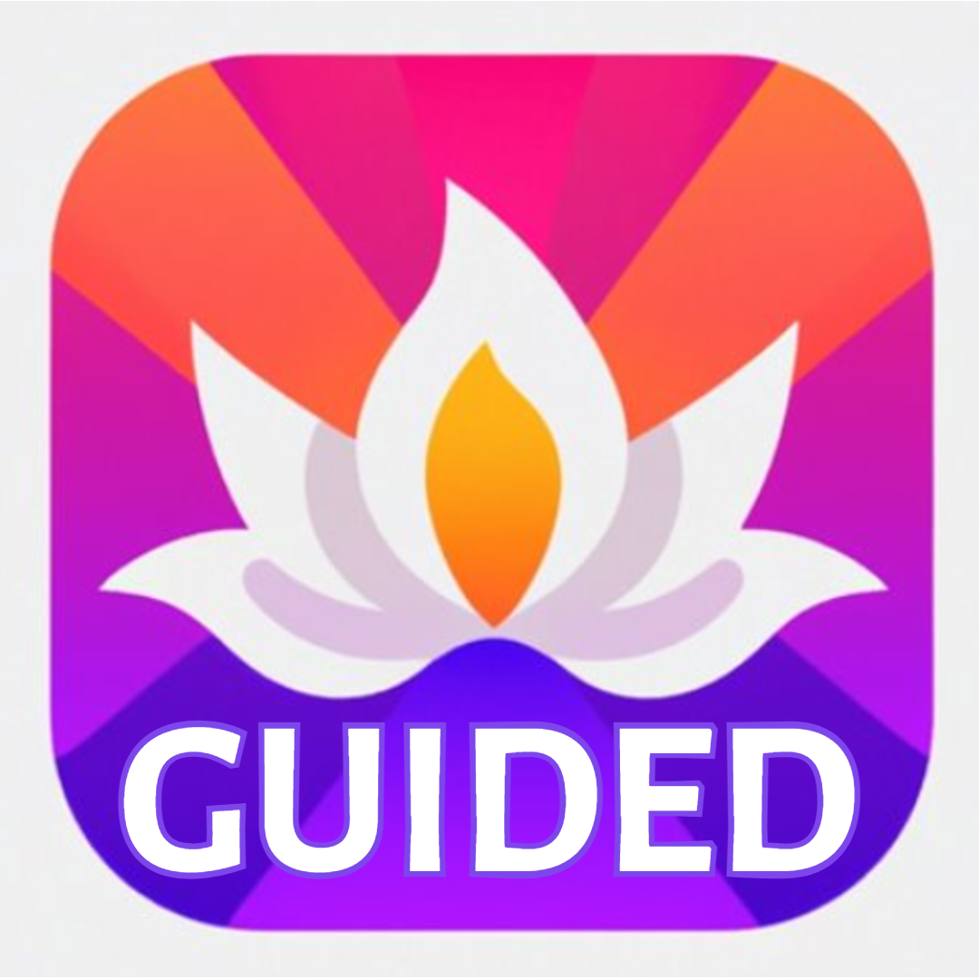 The Guided by Keziah logo, a white lily with a flame in the centre and purple, pink and orange rays extending outwards, and the word GUIDED across the bottom in white.