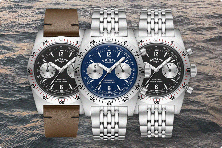 Three silver rotary watches, two with silver metal straps and one with a brown leather strap