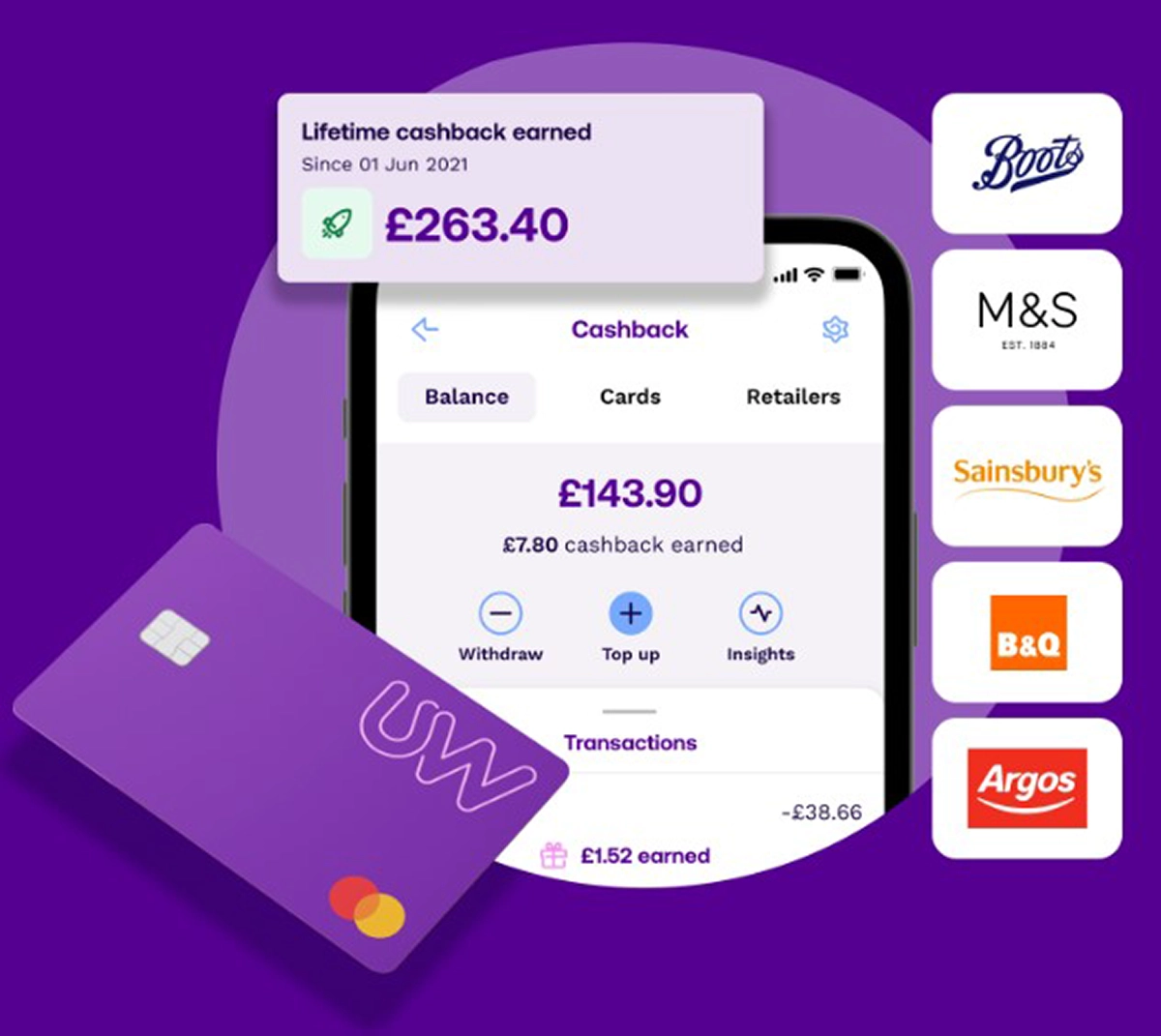 Utility Warehouse cashback card image with logos of boots, M&S Sainsburys, B&Q and argos and an image of the cashback card with examples of how much it could save you