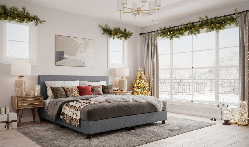 an adult bedroom with comfy bed and Christmas decorations by Emma sleep
