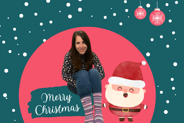 A green background with red circle, an image of Georgina and Santa and text reading merry christmas