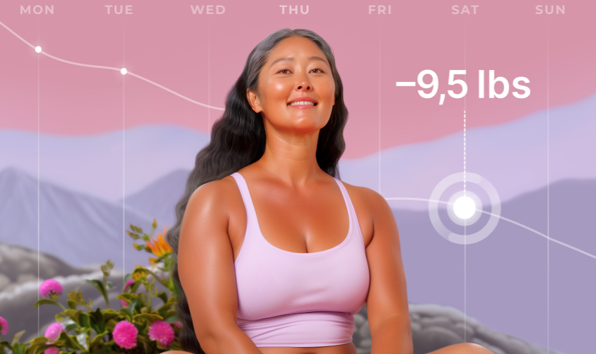 An asian woman with grey hair looks around 40 wears a pink tank top and smiles to camera, the background is pink and purple with a graph with a downward strike and the text -9,5 lbs