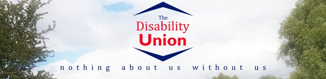 A cloudy sky with trees and the Disability Union logo and text nothing about us without us, a disabled persons organisation and partner of Purpl, disabled discount codes website and community