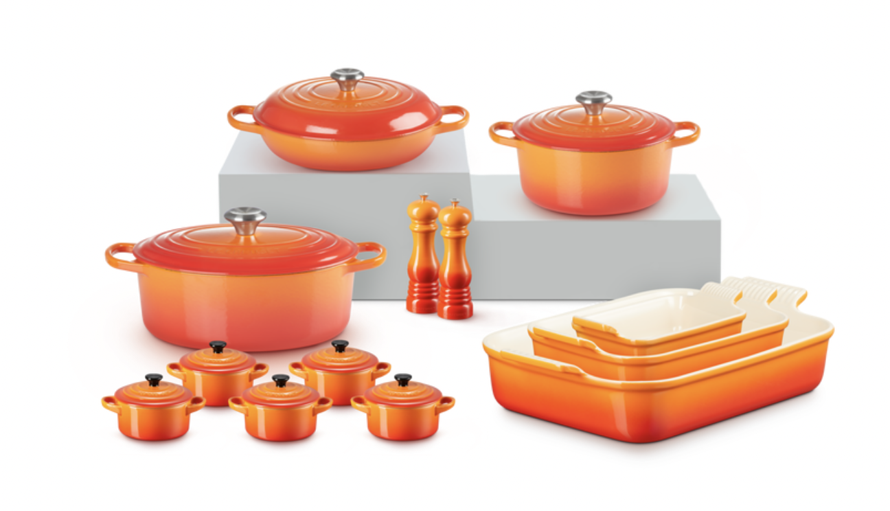 13 piece ultimate Le creuset cookware set in orange with disabled discounts from Purpl