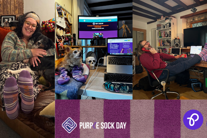 A montage of photos of a man and woman and two dogs posing in purple socks from Bam celebrating Purple Sock Day for the International Day of Disabled People 