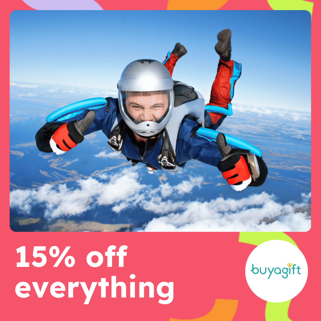 A pink and confetti frame has a picture of a man skydiving with text that reads 15% off everything