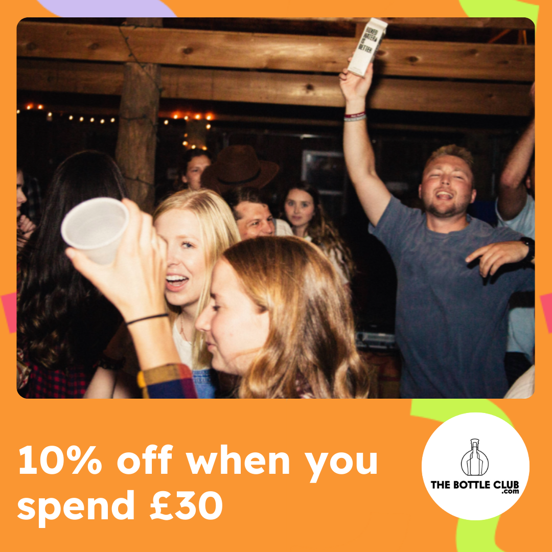 An orange frame with text reading 10% off when you spend £30 and the Bottle Club logo with an image of a group of people partying in a dark room and dancing 