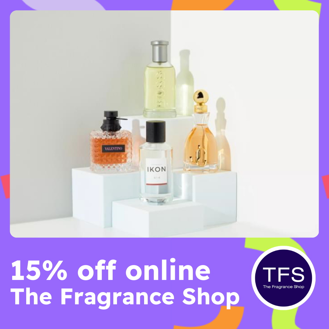 A lilac and multicoloured confetti fram has an image of a range of fragrance and aftershave and text reads 15% off online The Fragrance shop