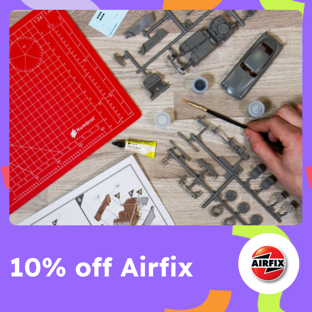 A purple frame with text reading 10% off airfix and the airfix logo with an image of an airfix kit, a cutting mat and glue