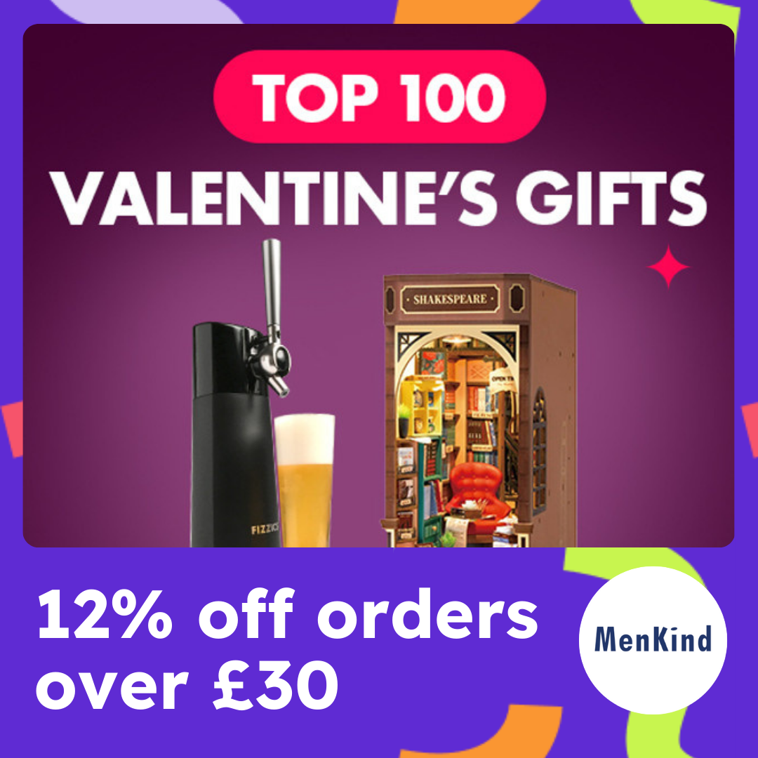 A purple and multicoloured confetti frame holds a photo of a beer pump and a model kit with the text reading top 100 valentines gifts 12% off orders over £30