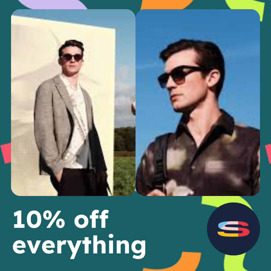 a green frame with the text reading 10% off everything, the secret sales logo and two male models posing