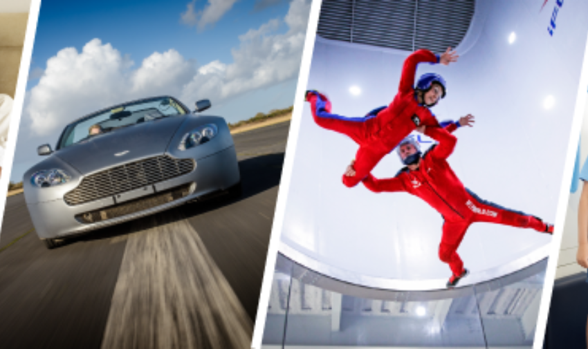 Two images in a montage, the first is a silver sports car on a road with a blue sky with white fluffy clouds in the background and the second is two people in red jumpsuits doing indoor skydiving.