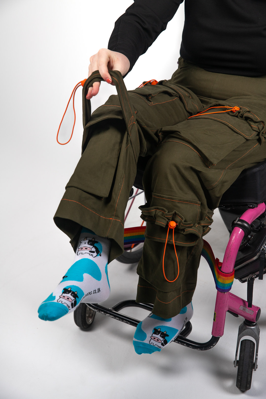 Adaptive accessible clothing, trousers for a wheelchair user with grab straps from Intotum clothing