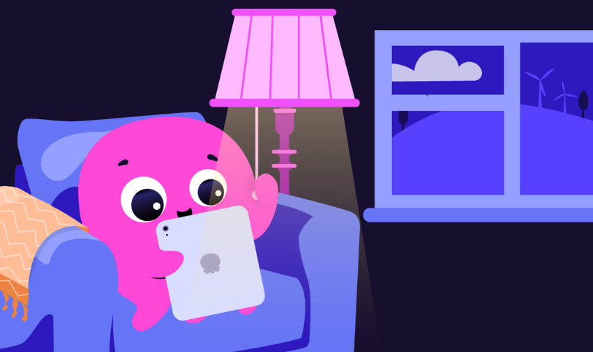 A cartoon of a pink octopus sat in a living room on a tablet and turning a lamp on.