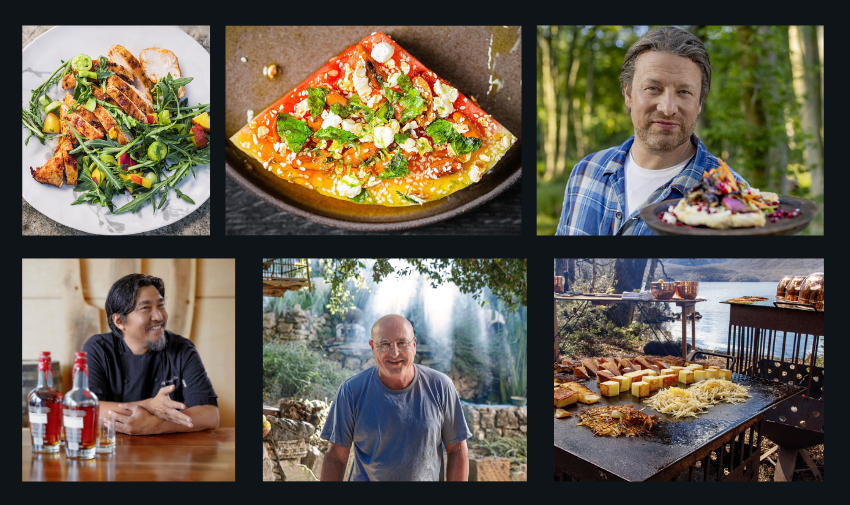 A montage of 6 images, three have food and three have images of male chefs