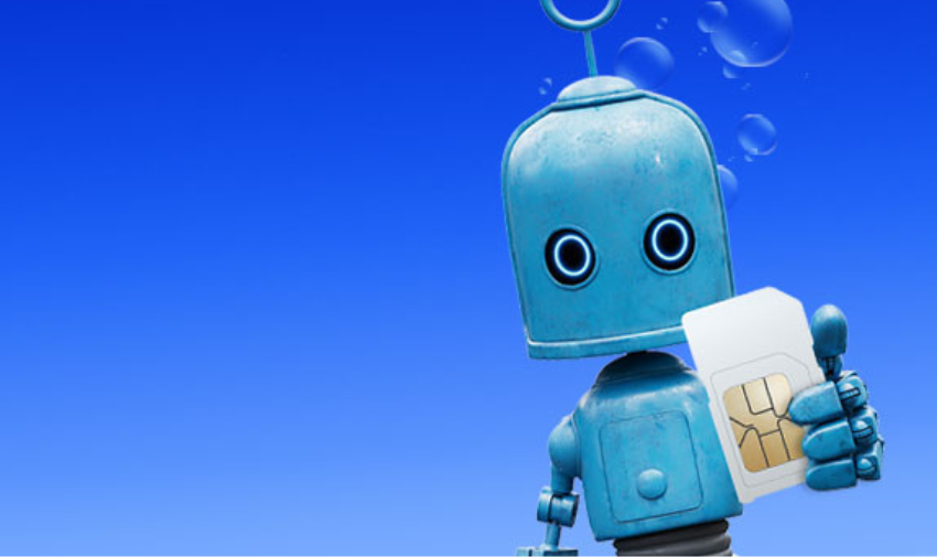 Blue robot logo for O2 is holding a sim card on a blue background