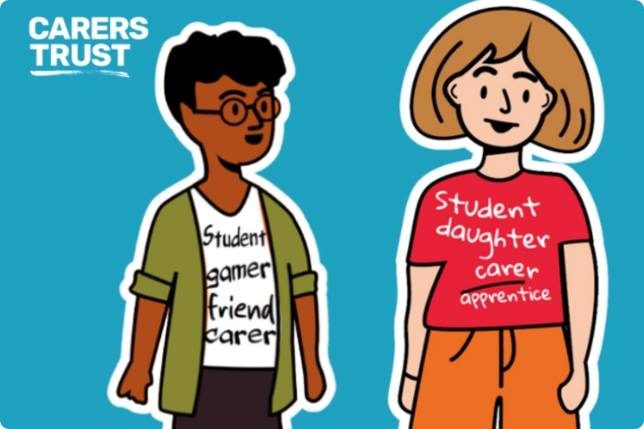 A cartoon by Carers Trust with two young people, one is a brown male, he is wearing grlasses and a tshirt that reads Student, gamer, friend, carer. and a white female wearing a tshirt that reads student, daughter, carere, apprentice