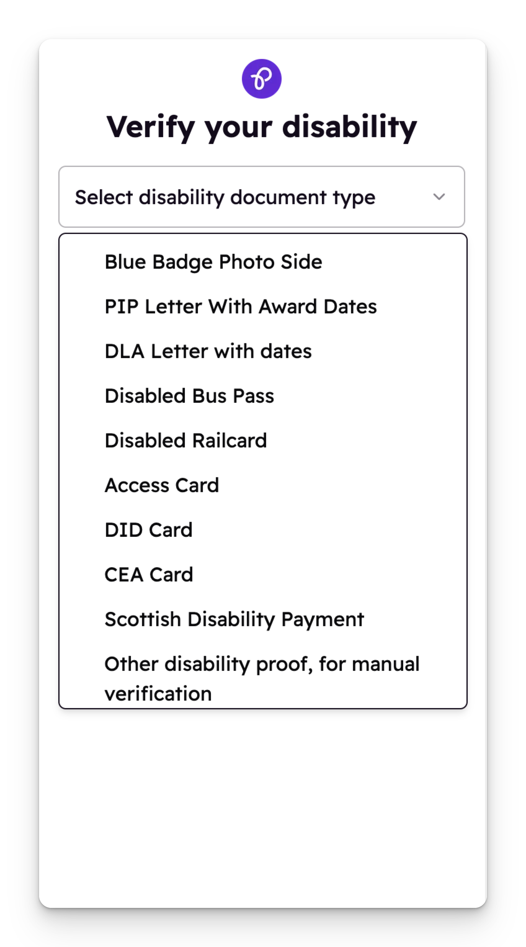 Open dropdown showing disability document options like Blue Badge, PIP letter, DLA letter, Access Card, and more, used to verify eligibility for Shopping Discounts for Disabled People.