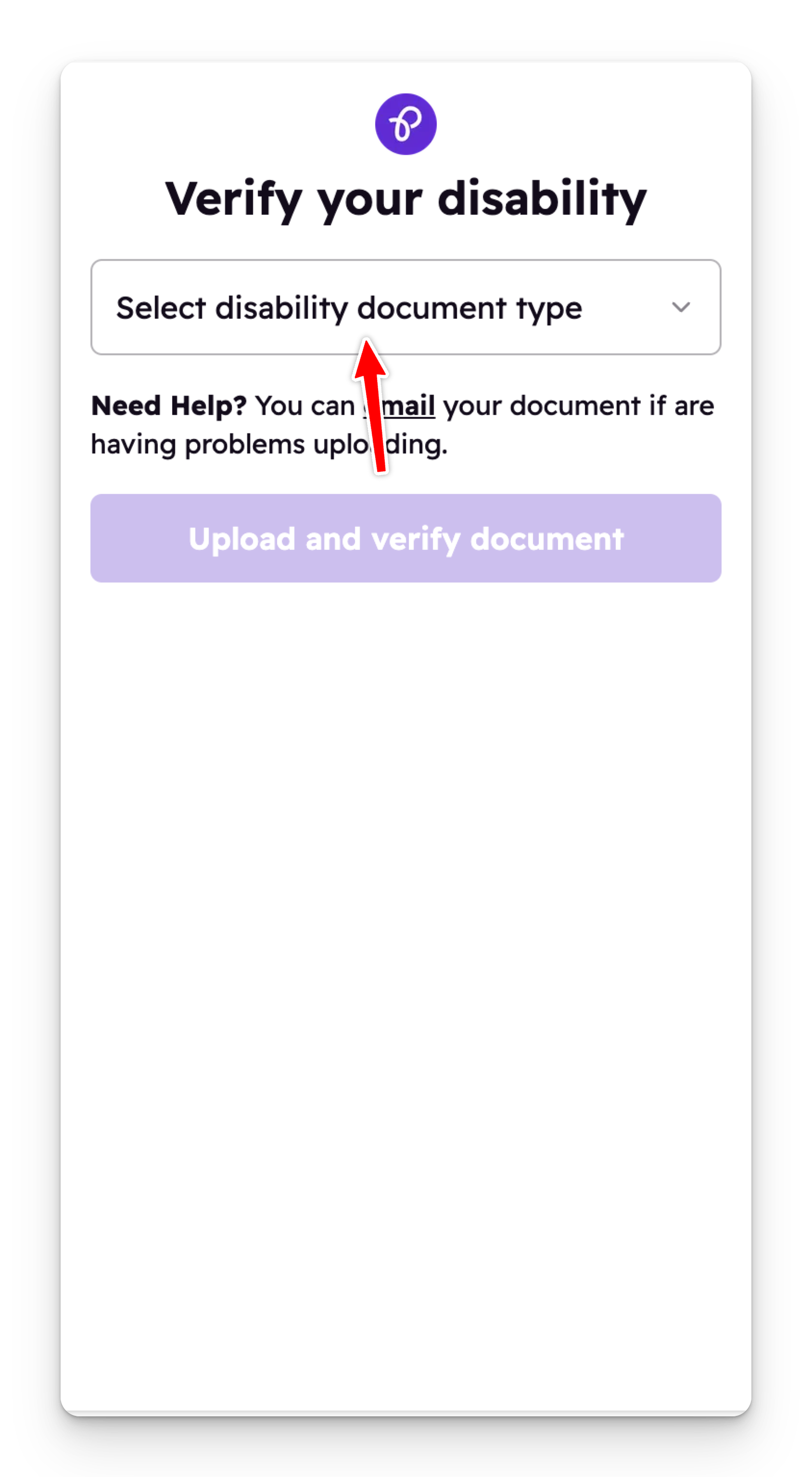 Dropdown menu titled "Select disability document type" with a red arrow pointing at it, part of the Purpl disability verification step.