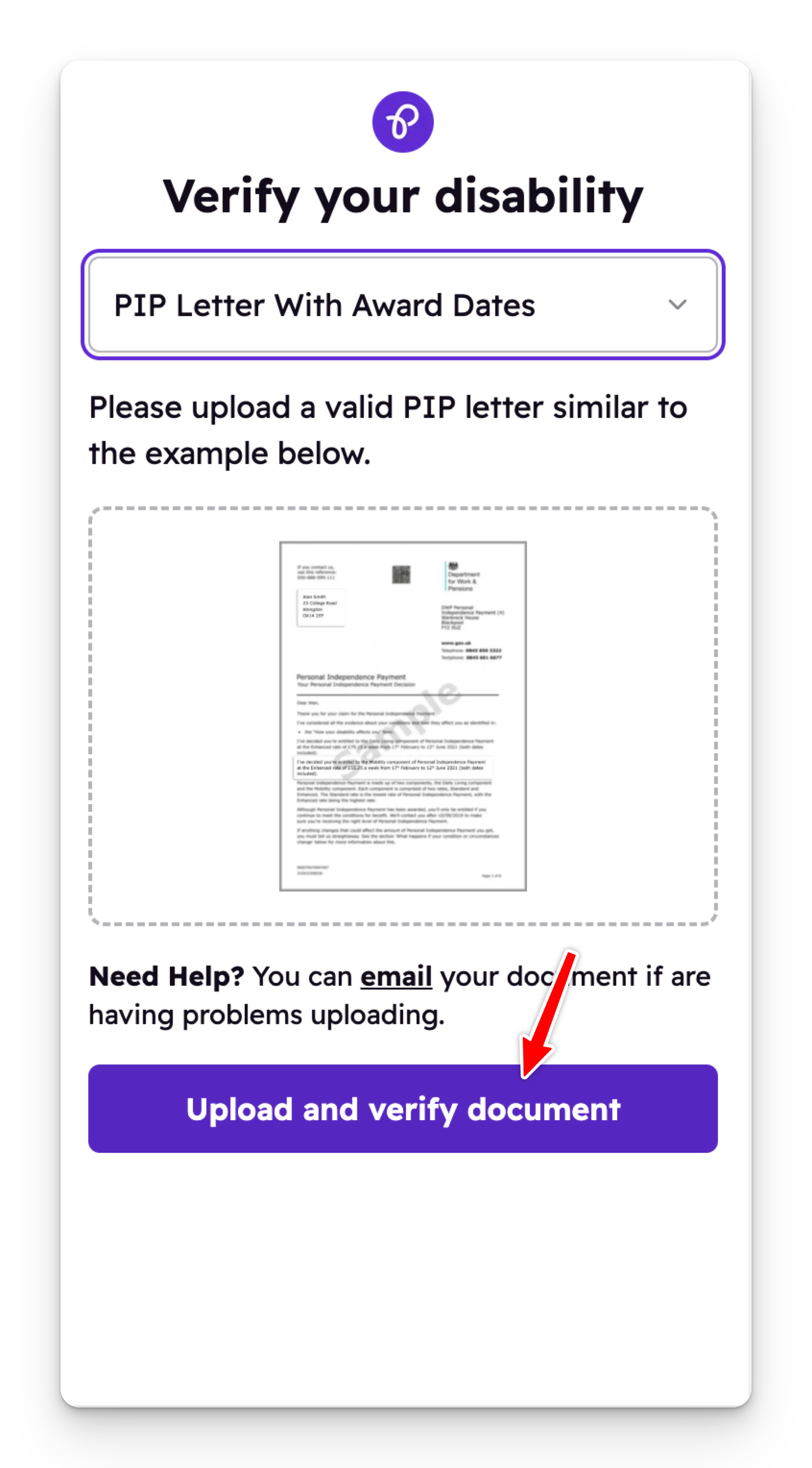 Selected option “PIP Letter With Award Dates” with an upload box displaying a sample letter and a purple “Upload and verify document” button; email option for help is highlighted — part of the process for accessing Disabled Travel Discounts UK and other benefits.