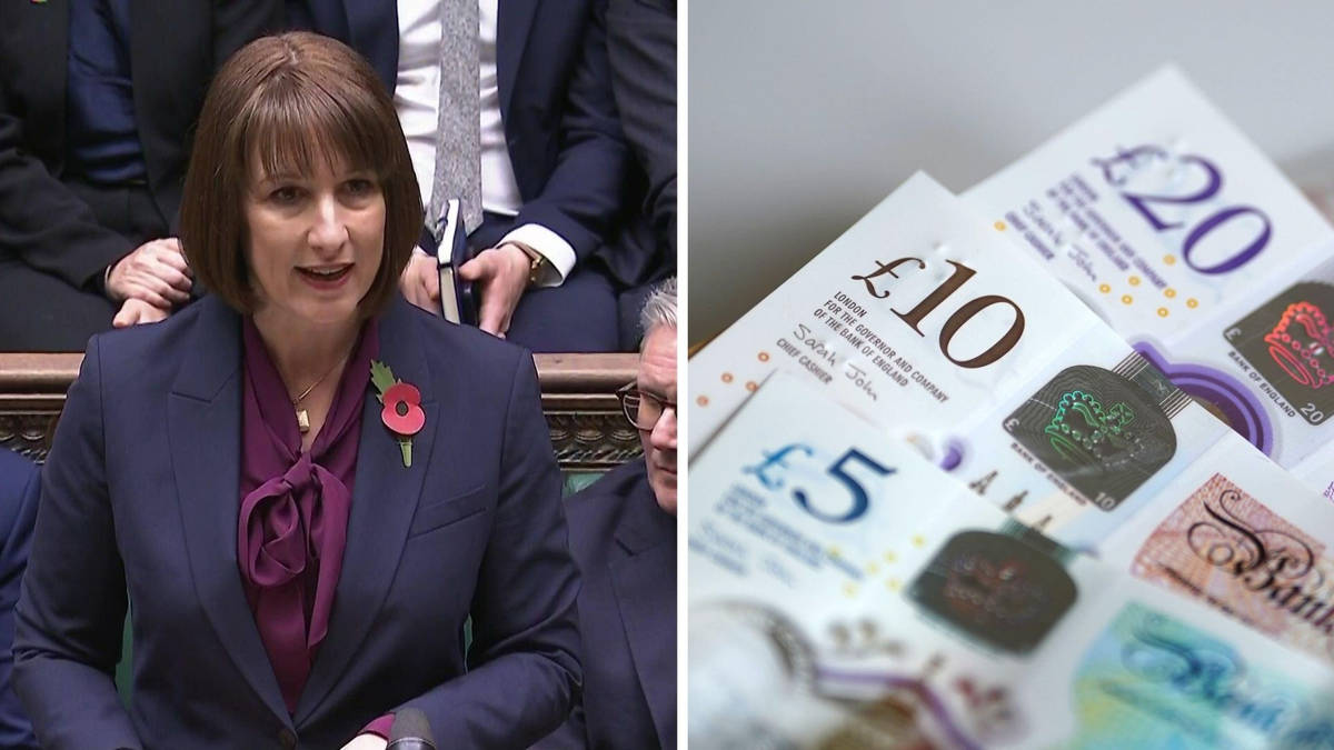 The left of the images shows Rachel Reeves of the Labour party speaking on the 2025 Spending Review. The right of the image shows English pound notes.