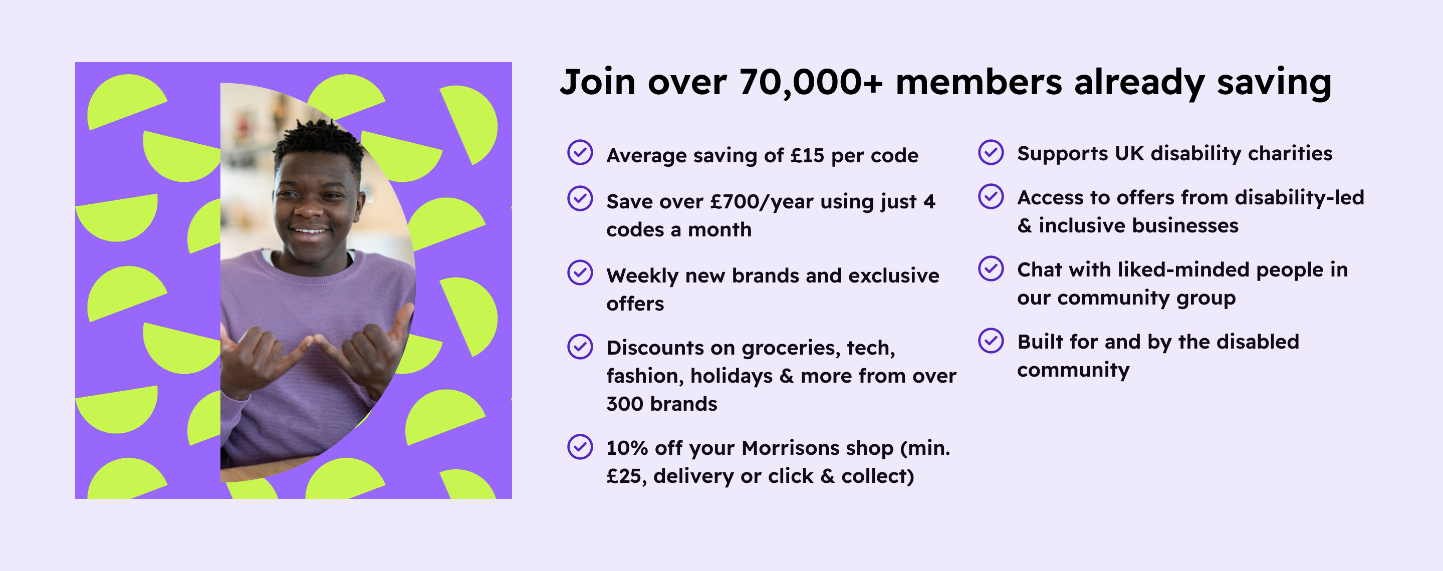 Young Black man smiling and signing 'W' in British Sign Language. Text on screen reads: "Join over 70,000+ members already saving" with benefits listed, including saving over £700/year, weekly new discounts on 300+ brands, and offers from inclusive and disability-led businesses. UK disability community focused savings platform. Shopping Discounts for Disabled People, UK Disability Discounts, Inclusive Deals UK.