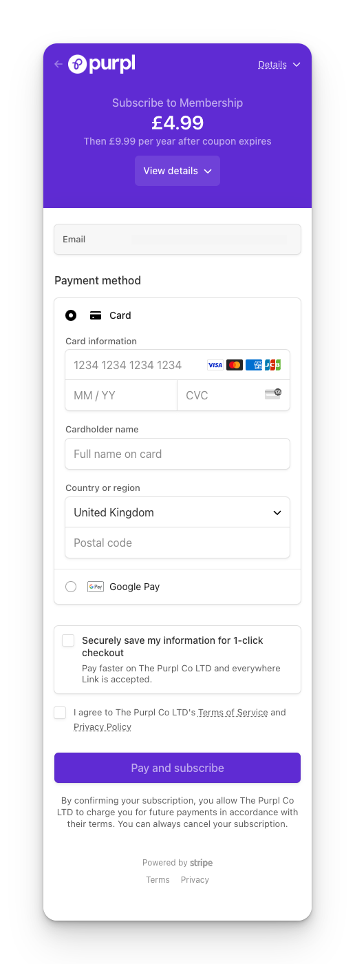 Purpl checkout screen powered by Stripe showing £4.99 membership offer (then £9.99/year). Includes card or Google Pay options, secure save info box, and checkbox for Terms and Privacy Policy. Purple "Pay and subscribe" button.