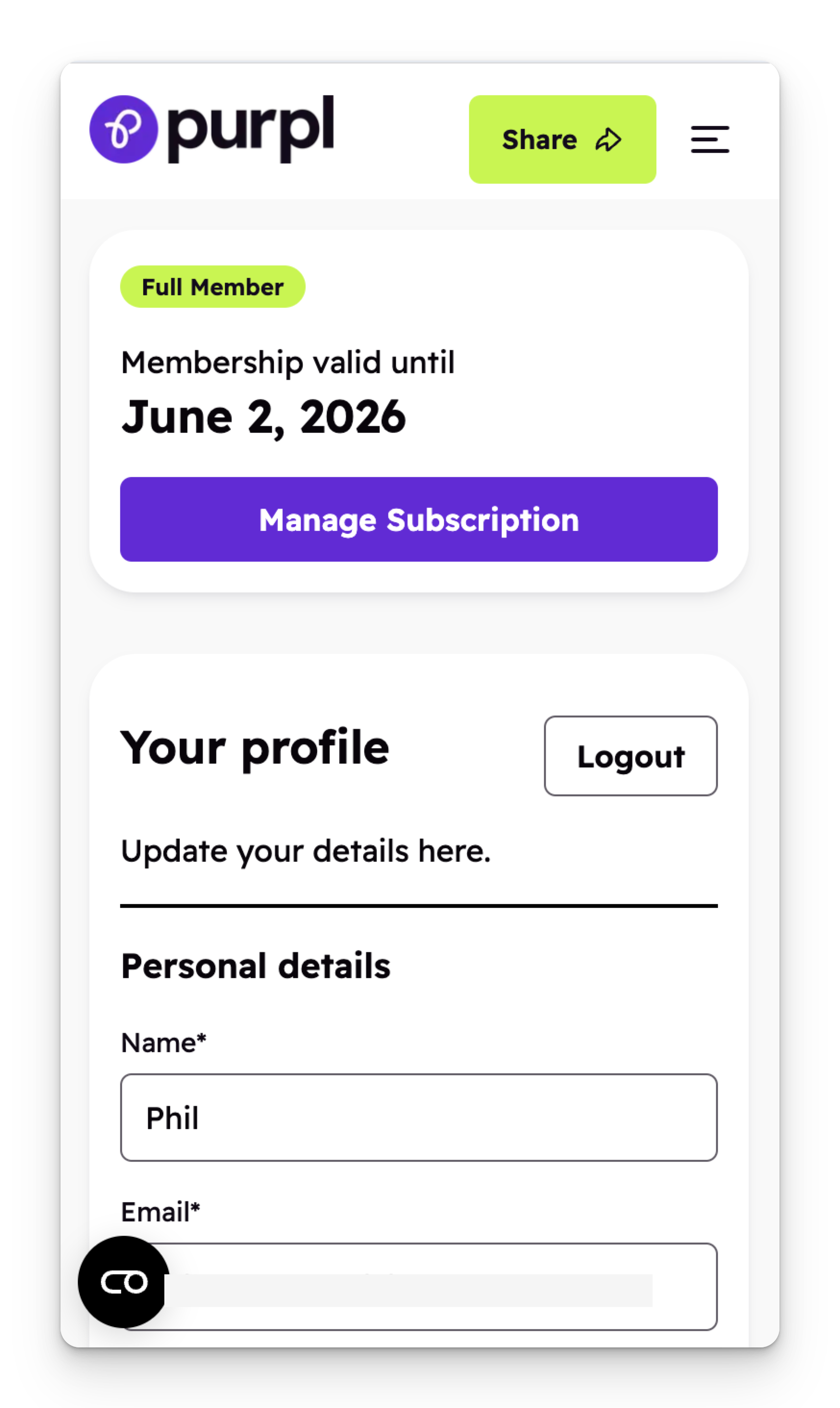Screenshot of a Purpl membership dashboard showing a full member status, valid until June 2, 2026. The page displays personal details like name and email, and options to update profile or manage the subscription.