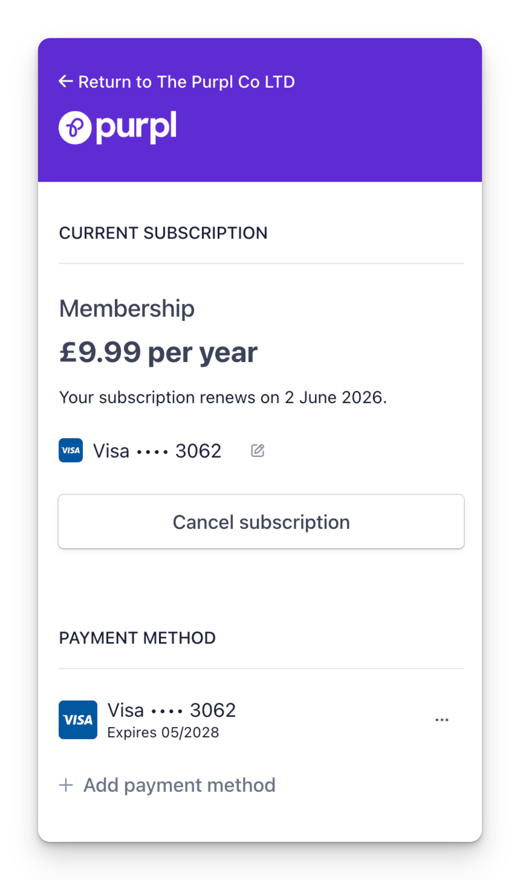 Stripe billing interface showing an active Purpl membership subscription for £9.99 per year, set to renew on June 2, 2026. Payment is made via Visa ending in 3062, with an option to cancel or add a new payment method.