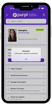 Purpl app screen showing a confirmation message that the user’s membership profile photo has been updated so they can use Purpl discounts.